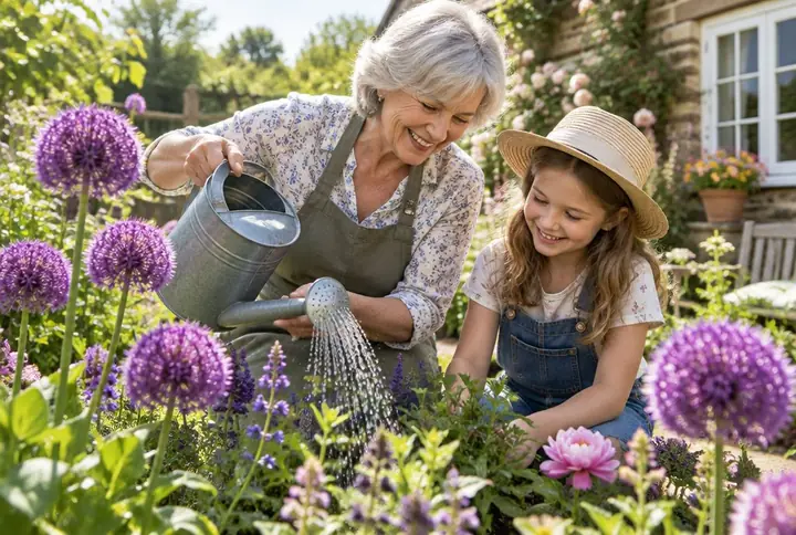 Großmutter und Enkelin im Garten