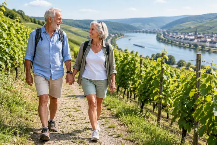 Älteres Paar spaziert durch einen Weinberg